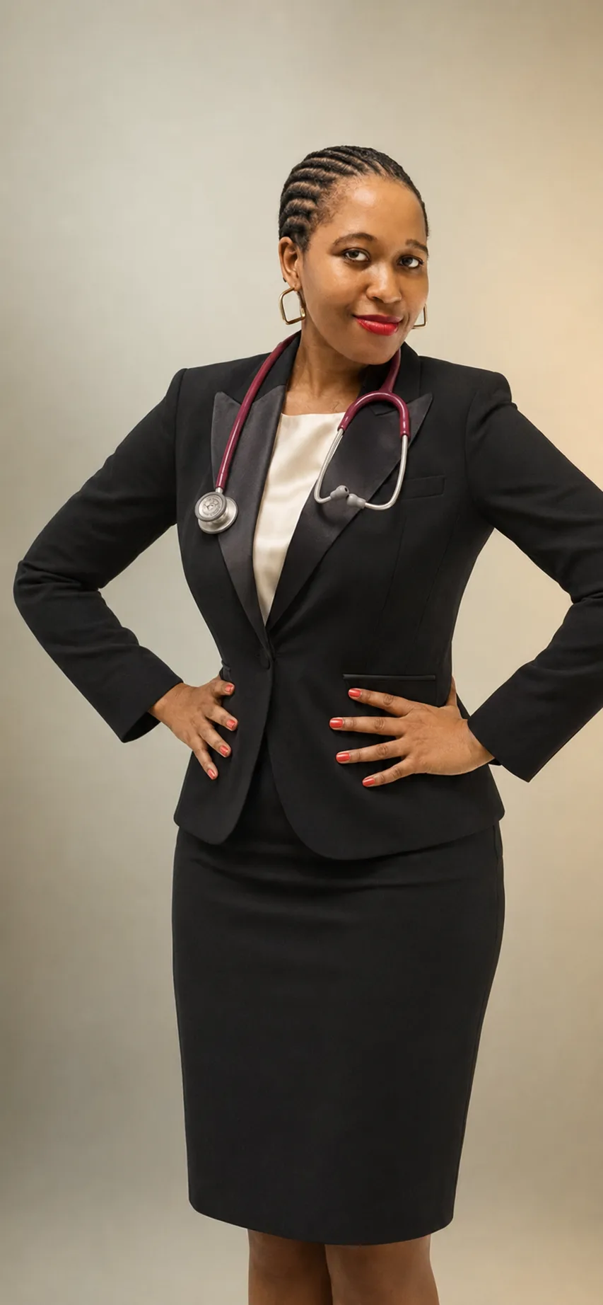Dr. Nokwazi Ndlela standing in tailored black blazer with stethoscope